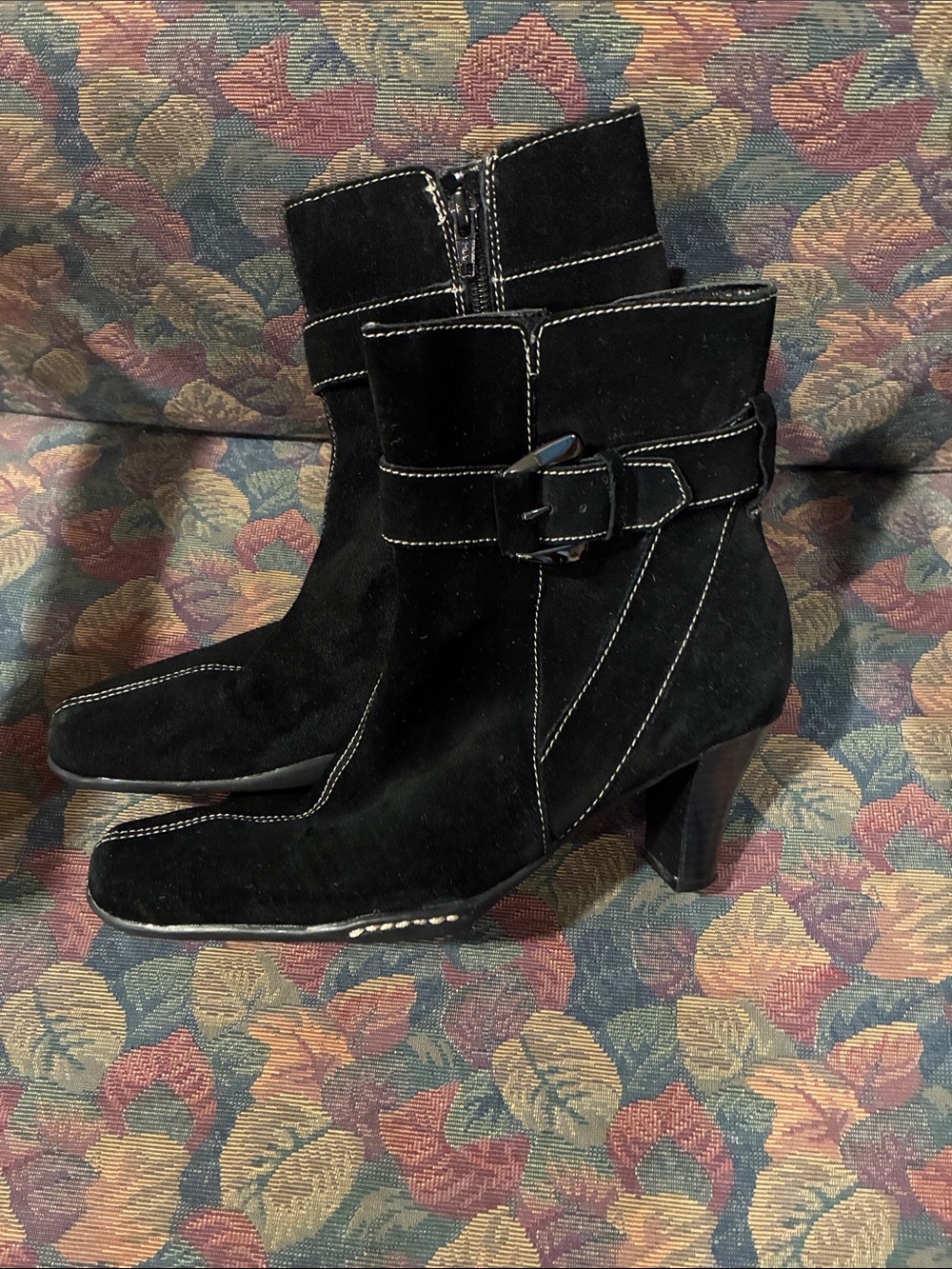 AEROSOLES Black Suede Ankle Booties with Buckle Strap